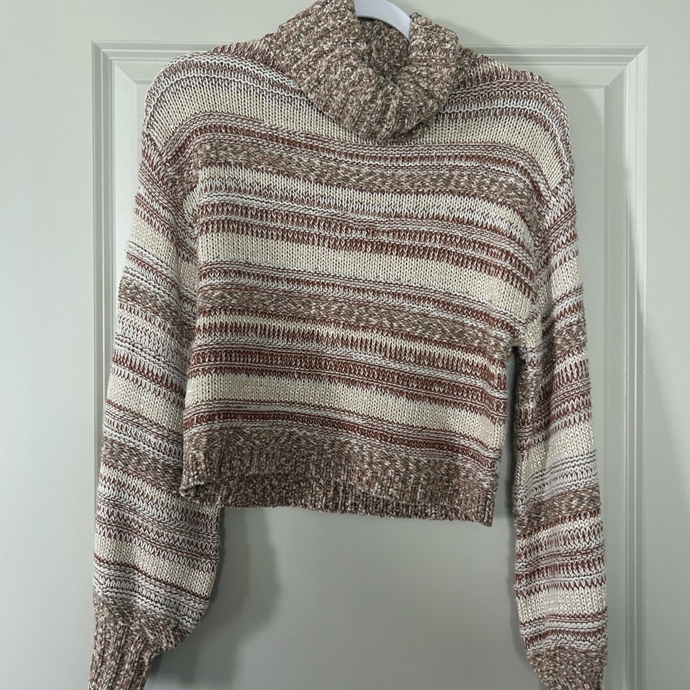 Altar'd State Brown and Cream Striped Turtleneck Sweater